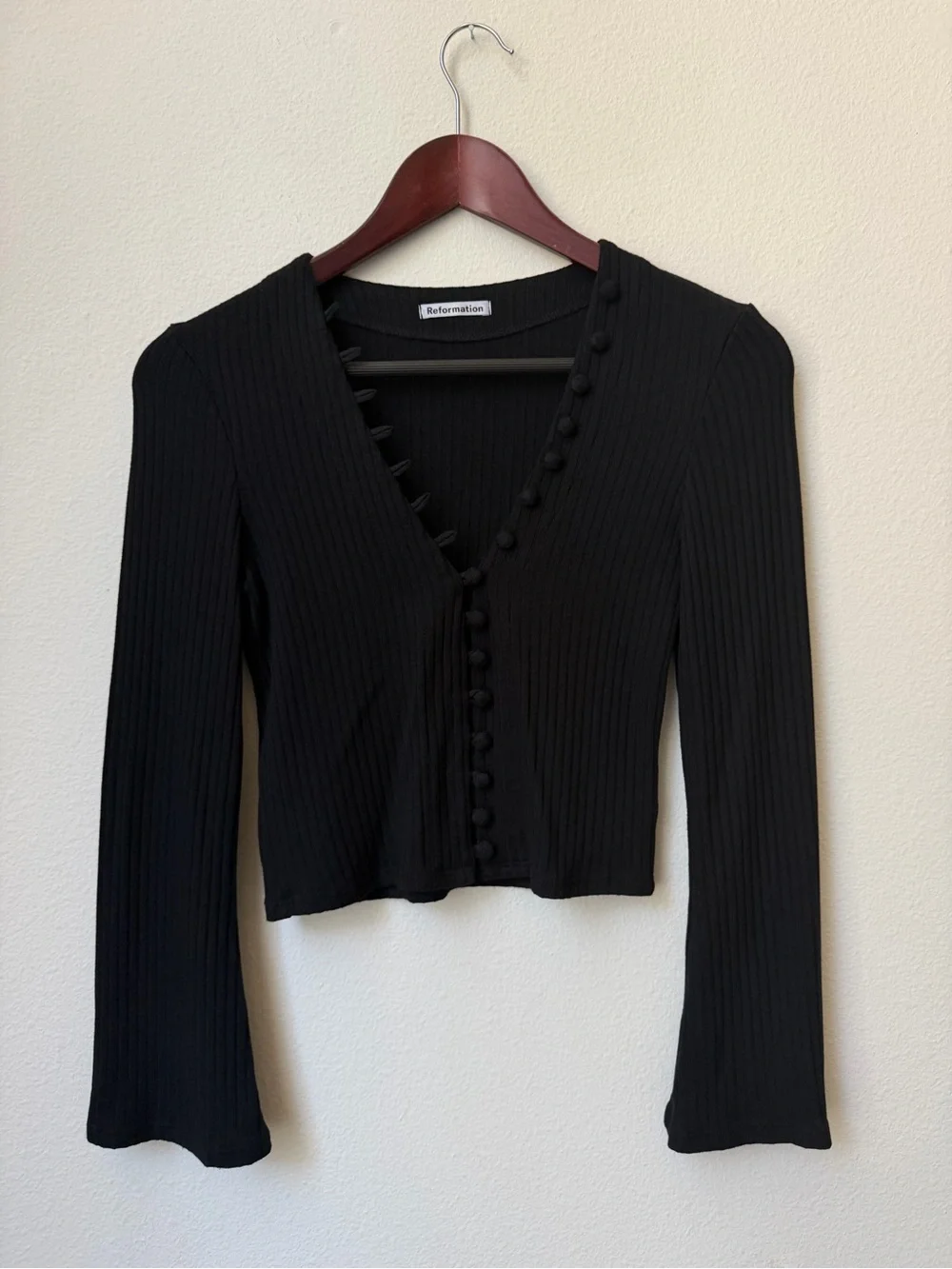 Reformation Kalina Knit Top Black V-Neck Button Front Ribbed Cardigan Size S